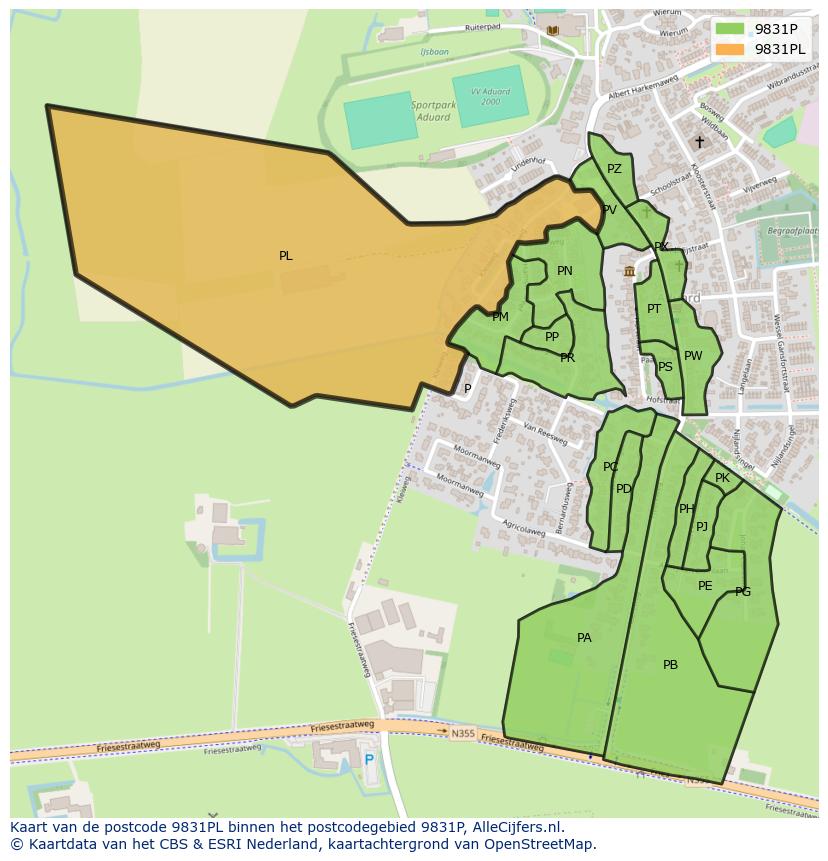 Afbeelding van het postcodegebied 9831 PL op de kaart.