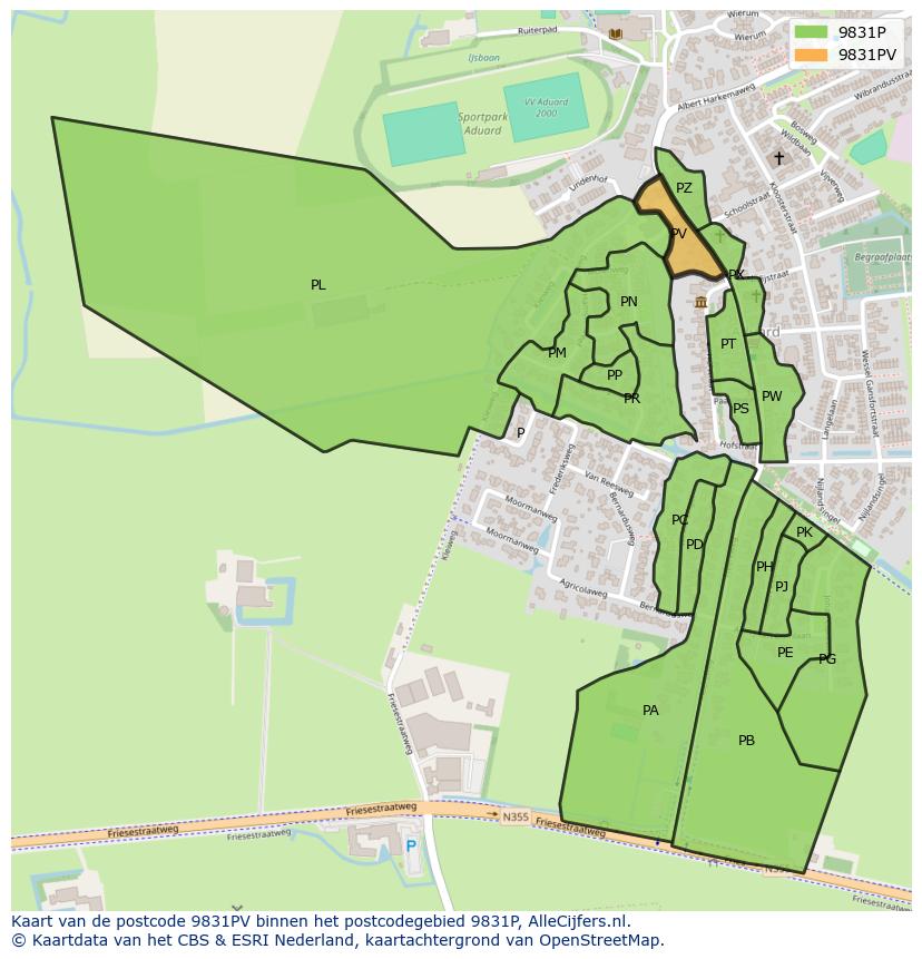 Afbeelding van het postcodegebied 9831 PV op de kaart.
