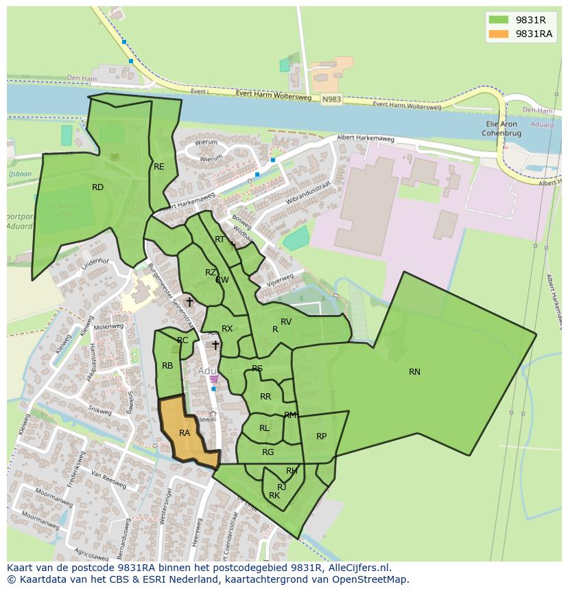 Afbeelding van het postcodegebied 9831 RA op de kaart.