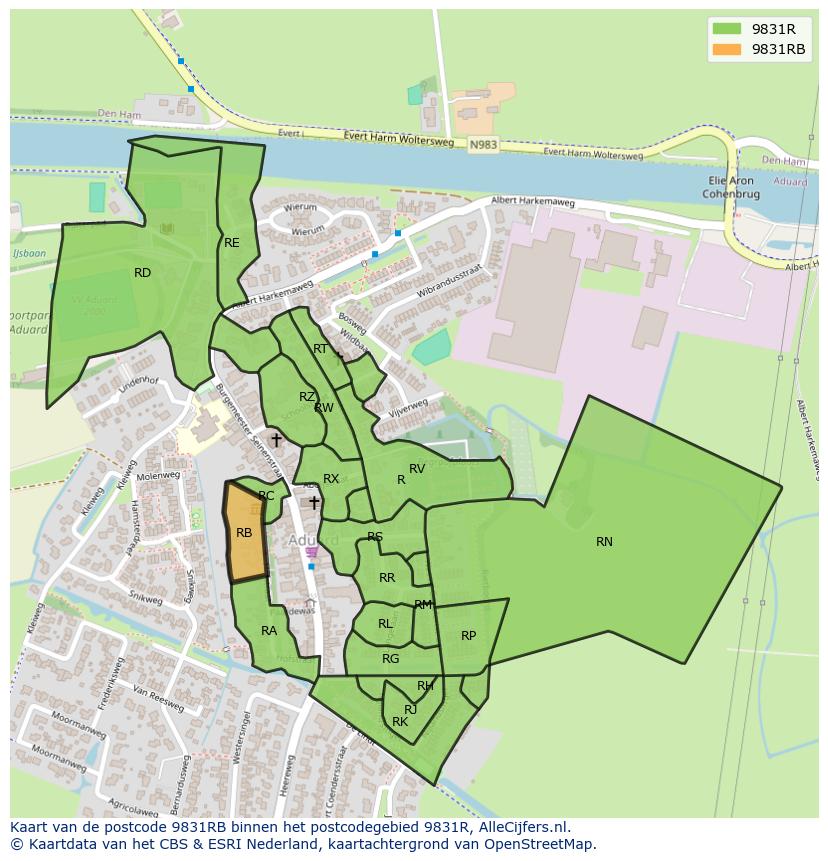Afbeelding van het postcodegebied 9831 RB op de kaart.