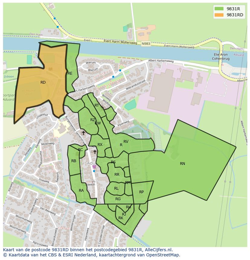 Afbeelding van het postcodegebied 9831 RD op de kaart.