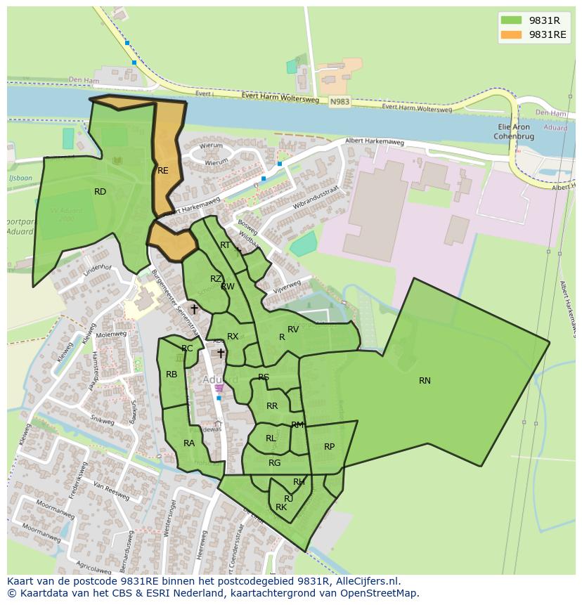 Afbeelding van het postcodegebied 9831 RE op de kaart.