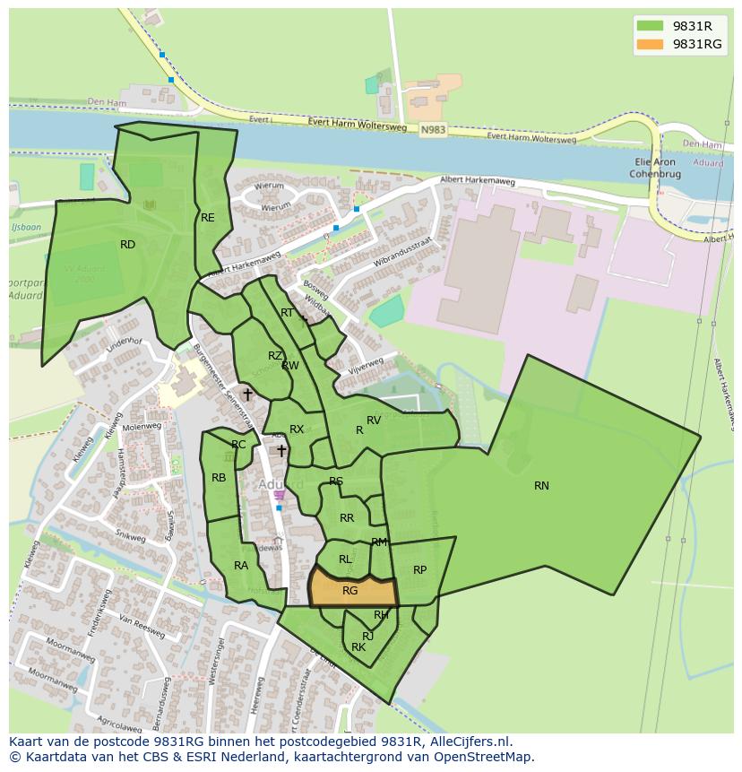 Afbeelding van het postcodegebied 9831 RG op de kaart.