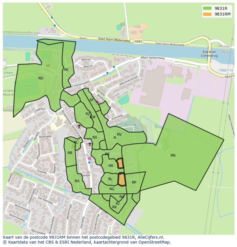 Afbeelding van het postcodegebied 9831 RM op de kaart.