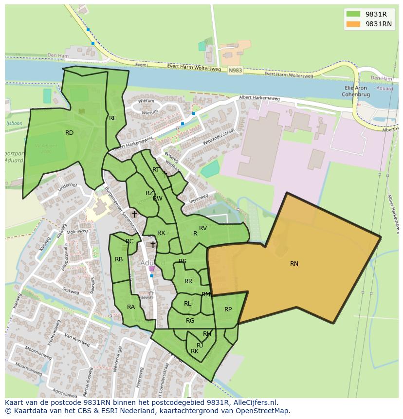 Afbeelding van het postcodegebied 9831 RN op de kaart.