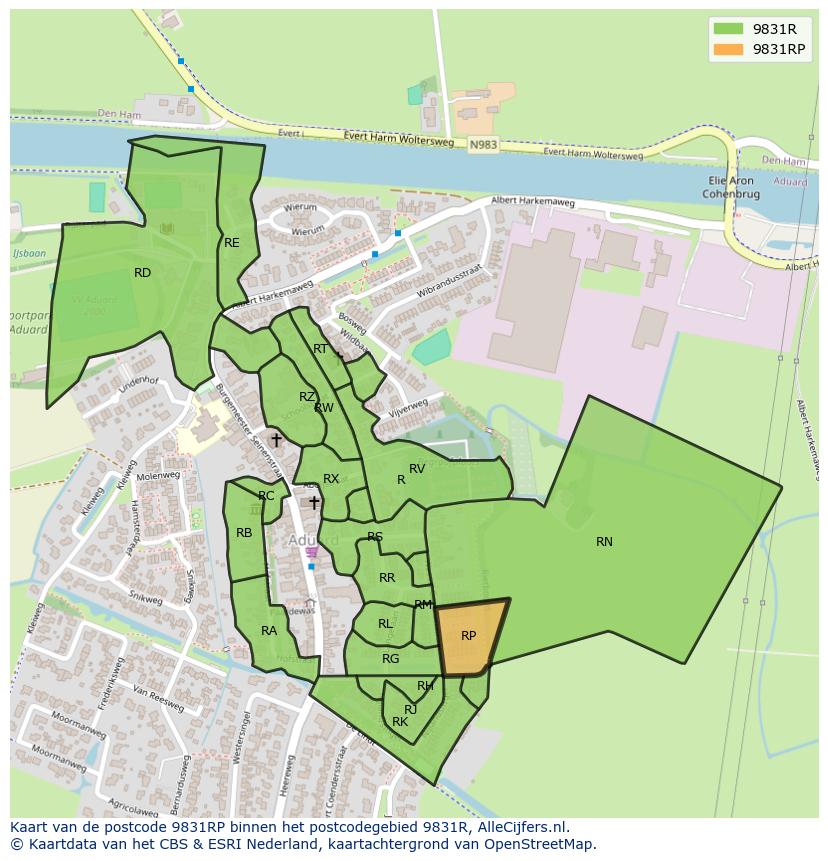 Afbeelding van het postcodegebied 9831 RP op de kaart.