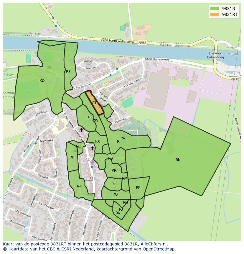 Afbeelding van het postcodegebied 9831 RT op de kaart.