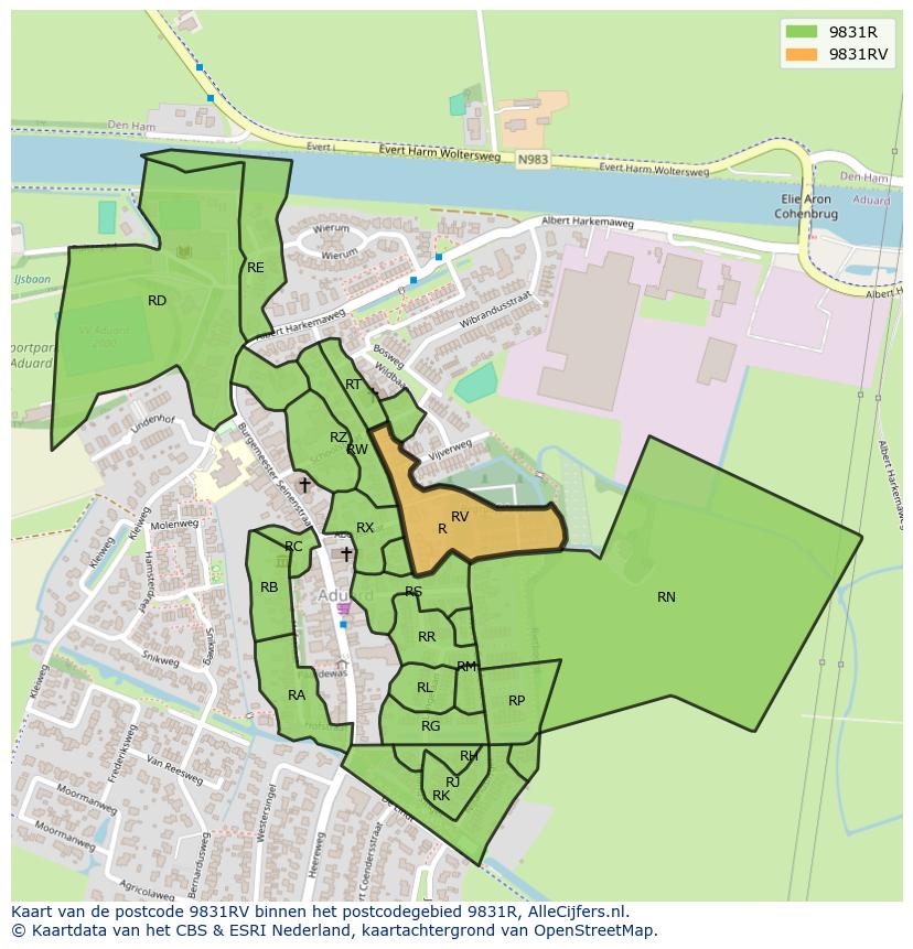 Afbeelding van het postcodegebied 9831 RV op de kaart.