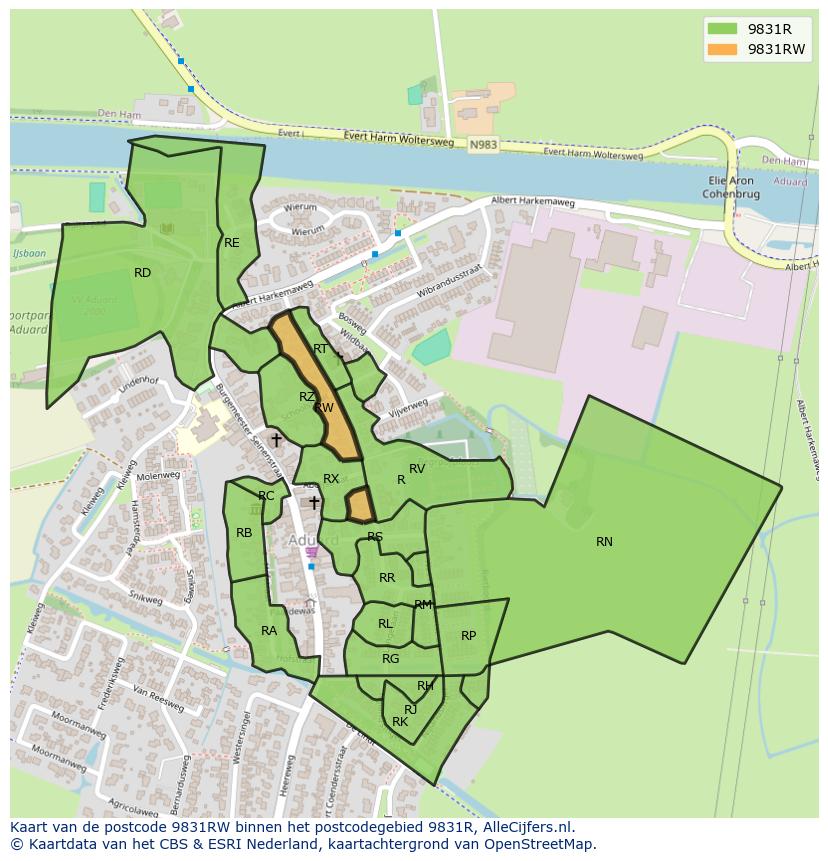 Afbeelding van het postcodegebied 9831 RW op de kaart.