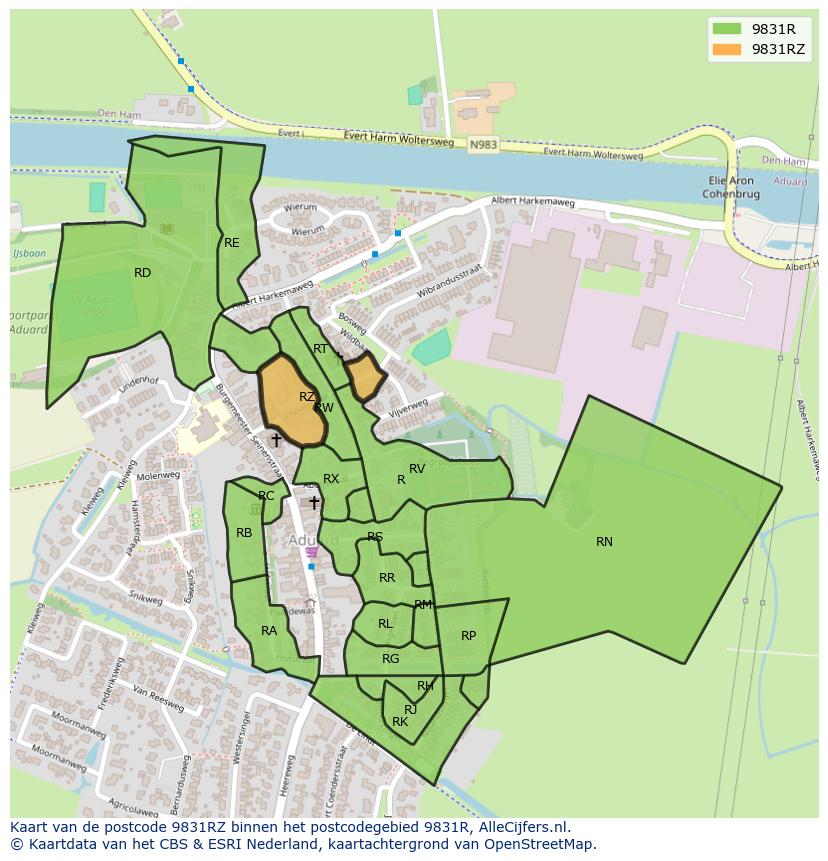 Afbeelding van het postcodegebied 9831 RZ op de kaart.