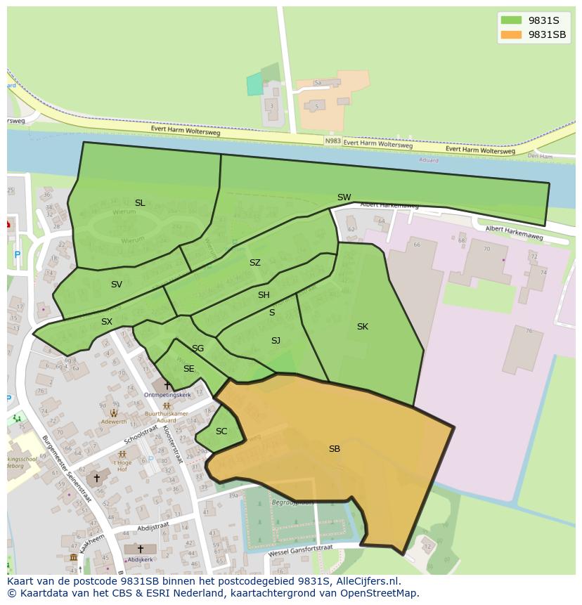 Afbeelding van het postcodegebied 9831 SB op de kaart.