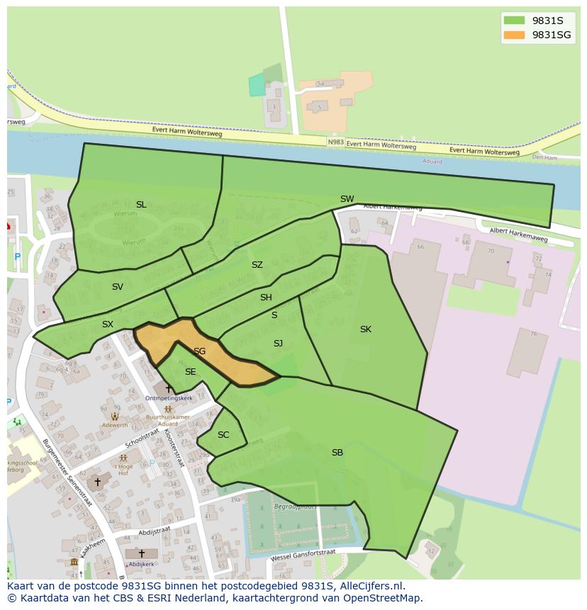 Afbeelding van het postcodegebied 9831 SG op de kaart.