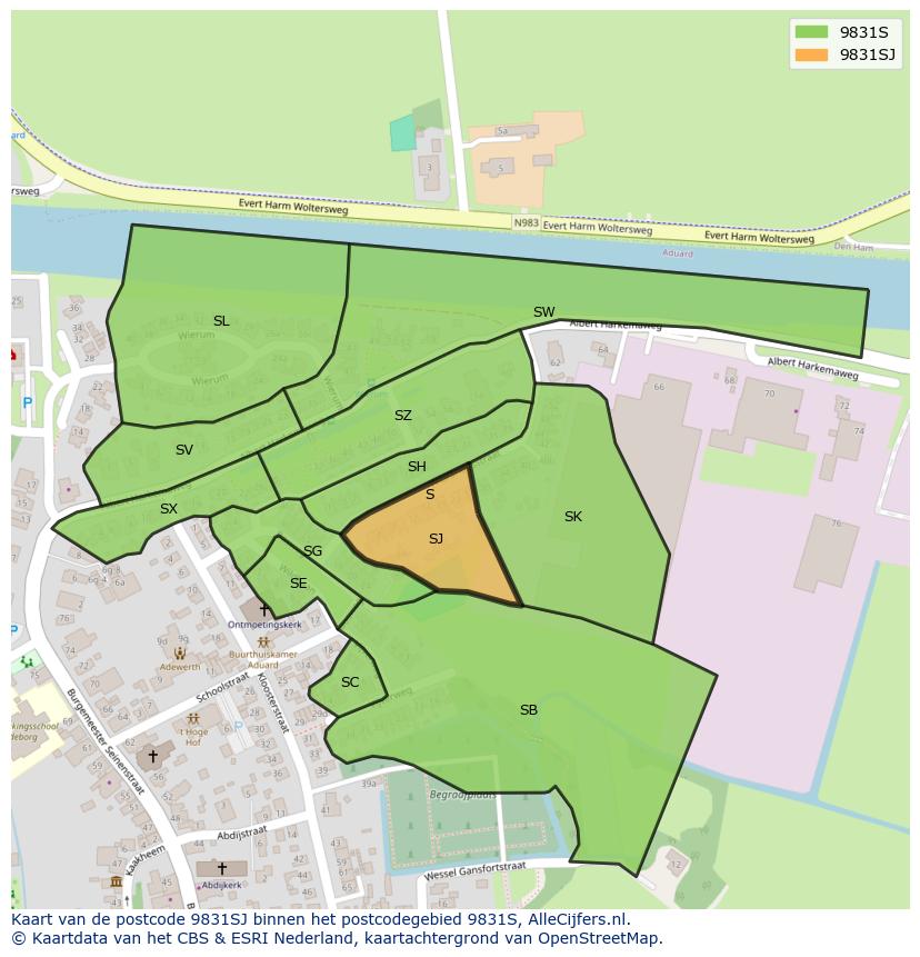 Afbeelding van het postcodegebied 9831 SJ op de kaart.