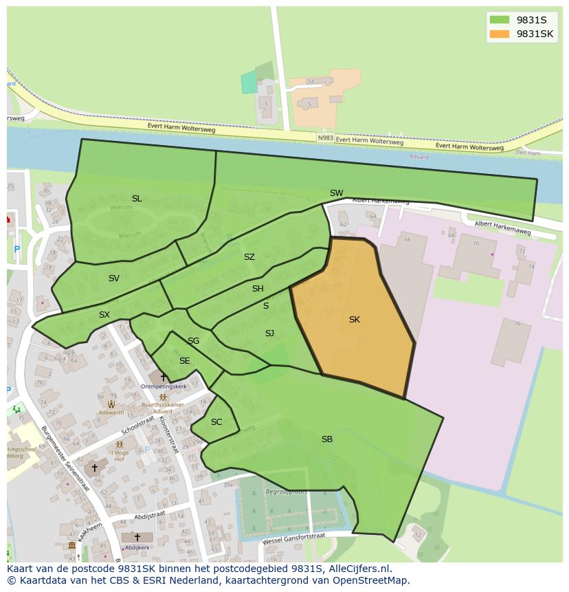 Afbeelding van het postcodegebied 9831 SK op de kaart.