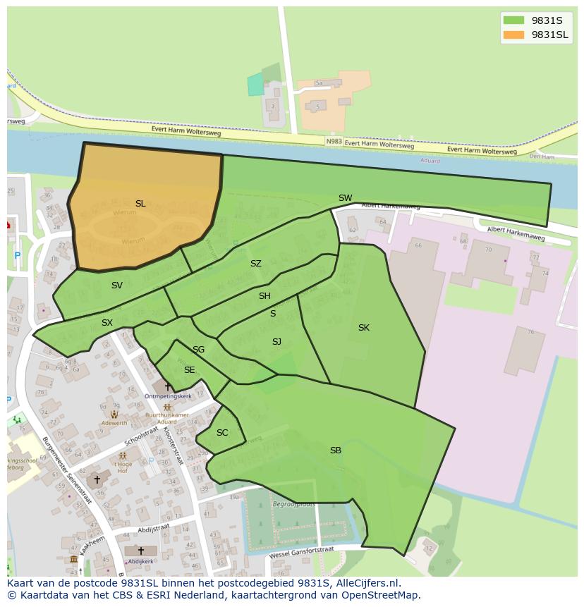 Afbeelding van het postcodegebied 9831 SL op de kaart.