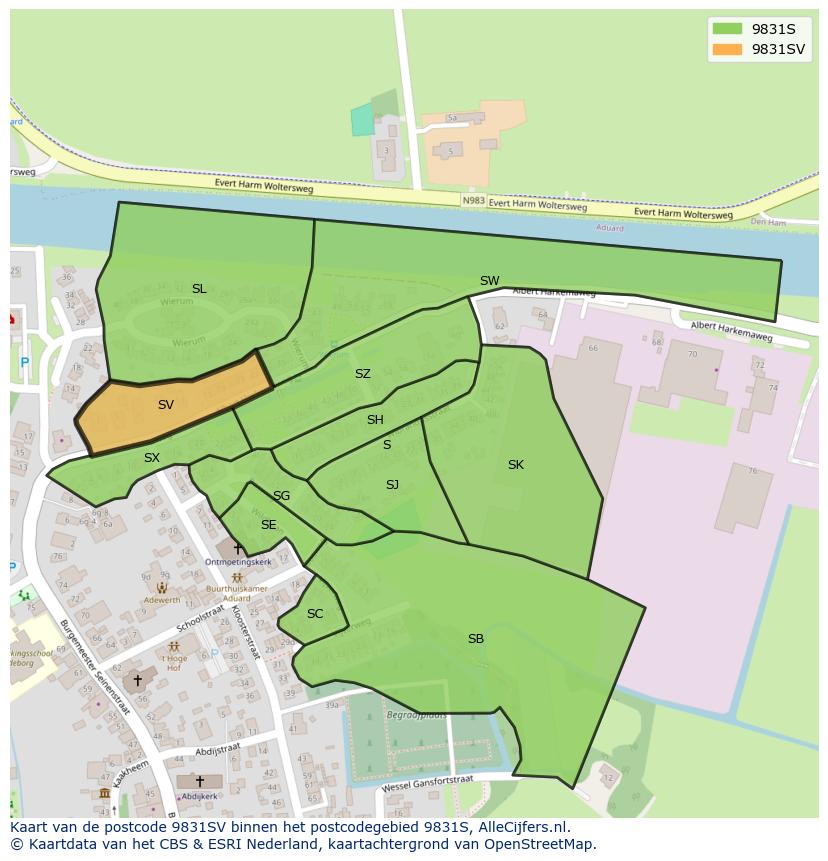 Afbeelding van het postcodegebied 9831 SV op de kaart.