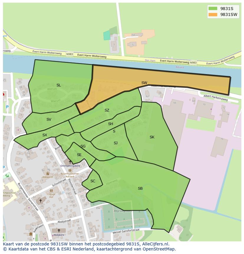 Afbeelding van het postcodegebied 9831 SW op de kaart.