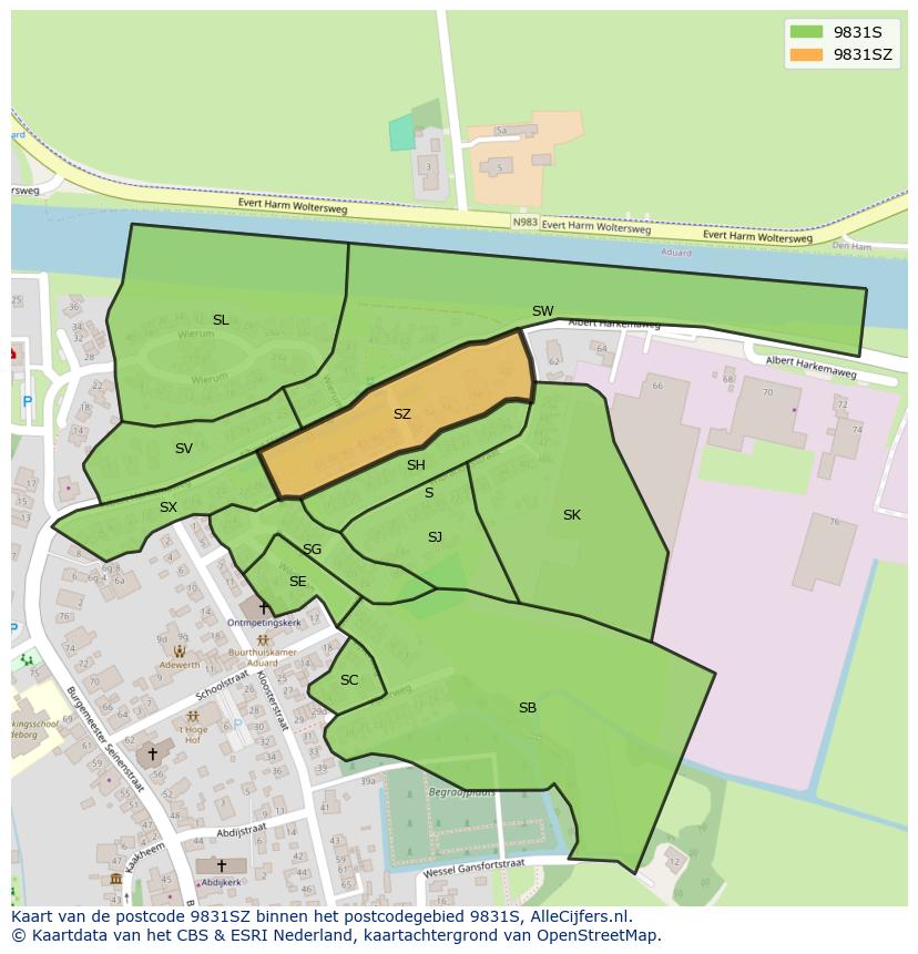 Afbeelding van het postcodegebied 9831 SZ op de kaart.