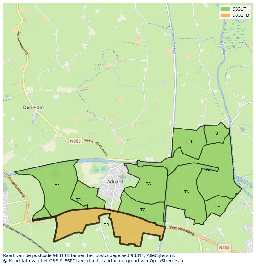 Afbeelding van het postcodegebied 9831 TB op de kaart.
