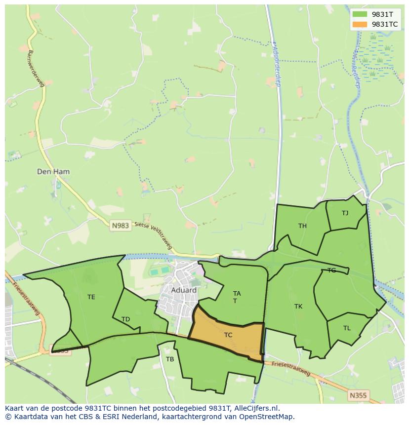 Afbeelding van het postcodegebied 9831 TC op de kaart.
