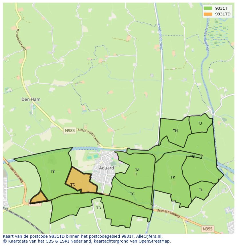 Afbeelding van het postcodegebied 9831 TD op de kaart.