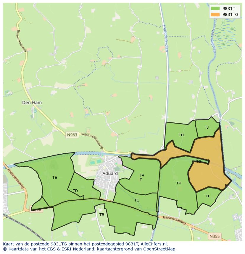 Afbeelding van het postcodegebied 9831 TG op de kaart.