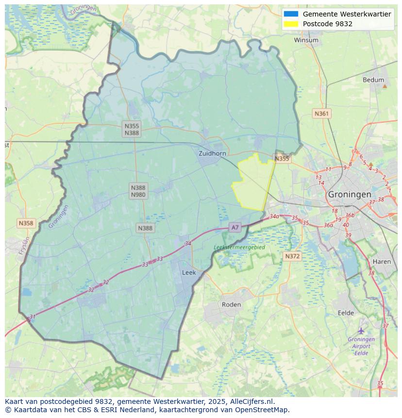 Afbeelding van het postcodegebied 9832 op de kaart.