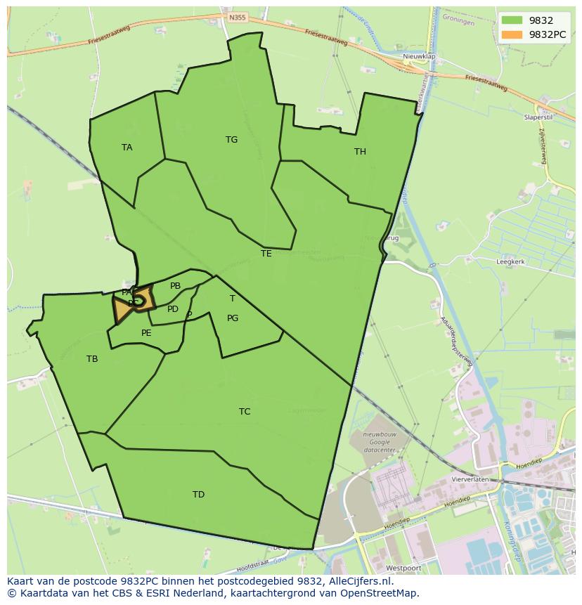 Afbeelding van het postcodegebied 9832 PC op de kaart.