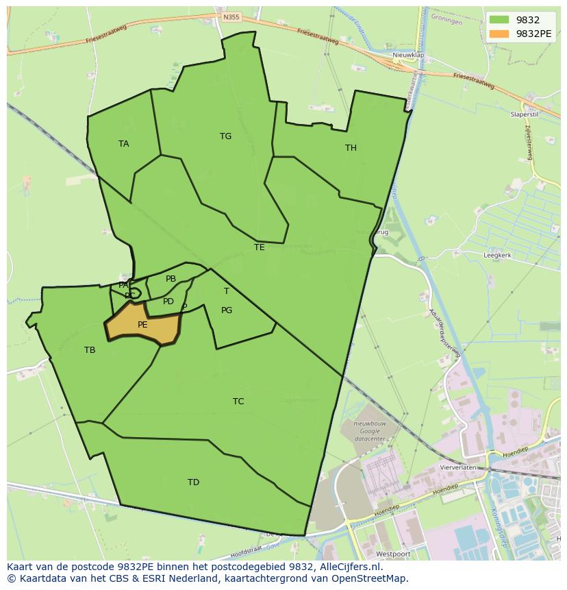 Afbeelding van het postcodegebied 9832 PE op de kaart.