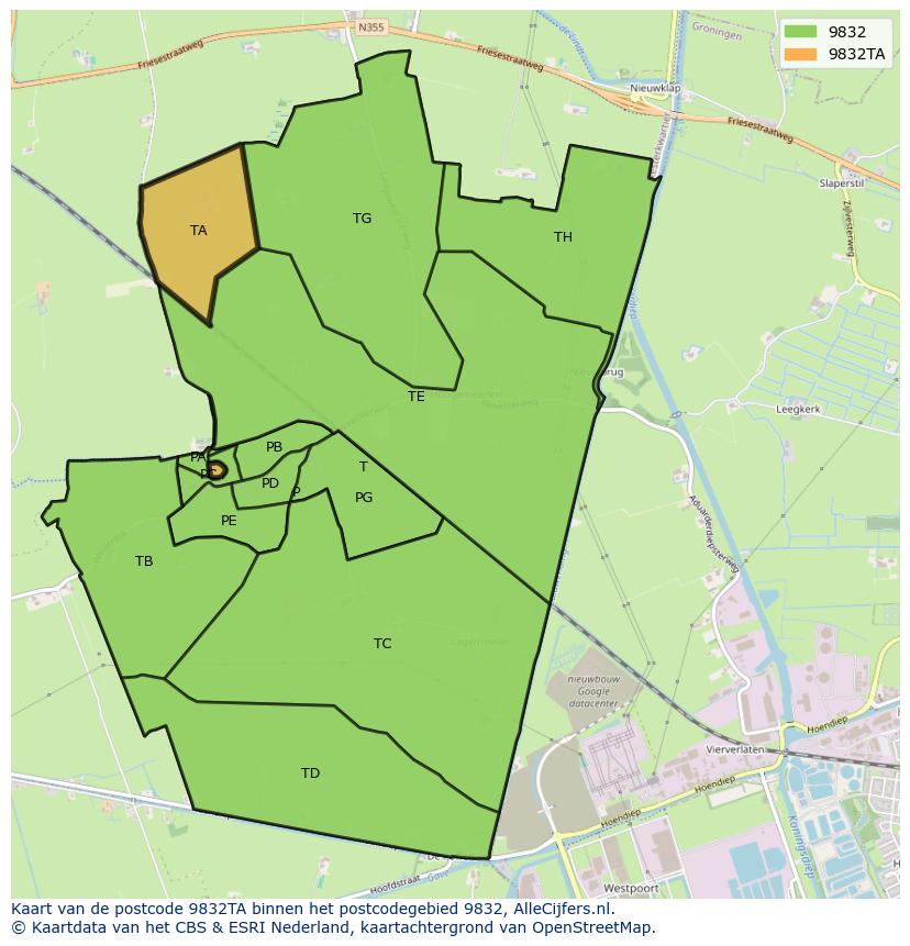 Afbeelding van het postcodegebied 9832 TA op de kaart.