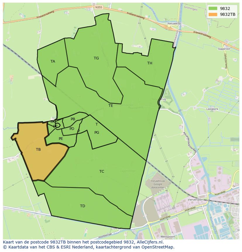 Afbeelding van het postcodegebied 9832 TB op de kaart.