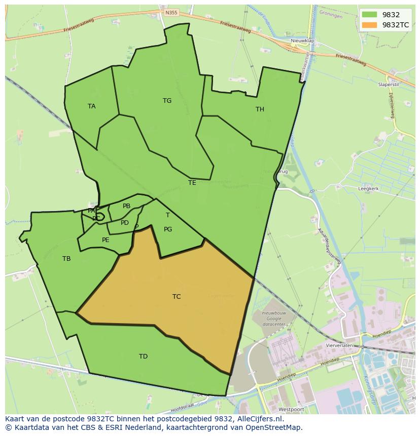 Afbeelding van het postcodegebied 9832 TC op de kaart.