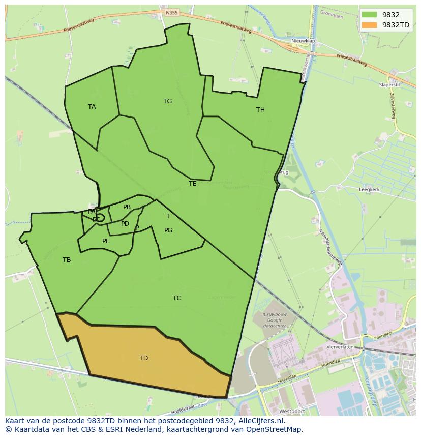 Afbeelding van het postcodegebied 9832 TD op de kaart.