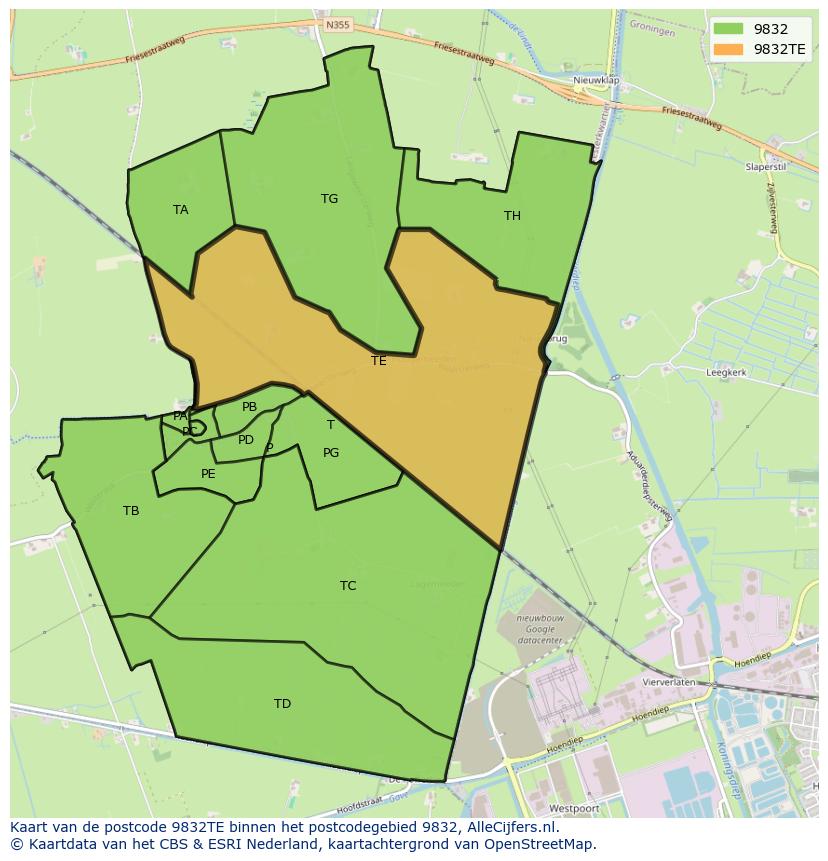 Afbeelding van het postcodegebied 9832 TE op de kaart.
