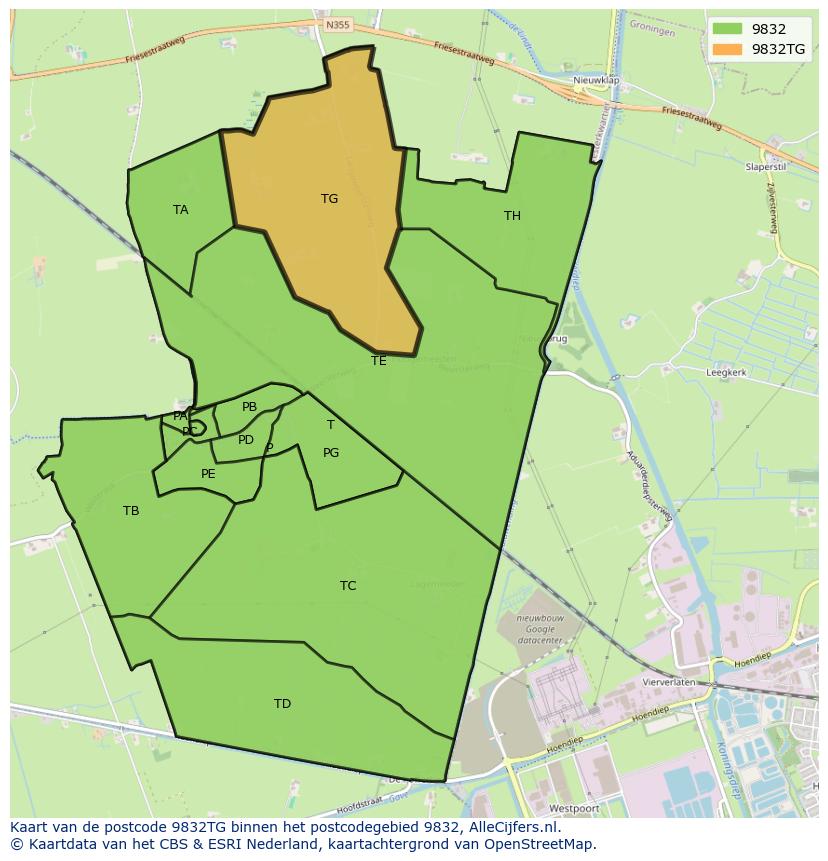 Afbeelding van het postcodegebied 9832 TG op de kaart.