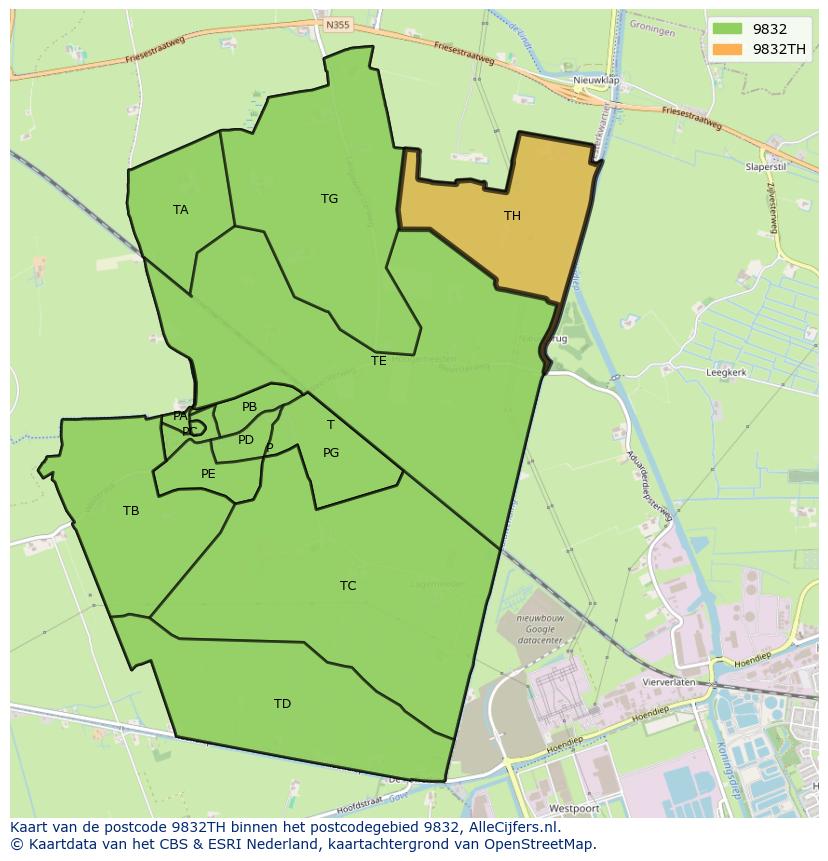 Afbeelding van het postcodegebied 9832 TH op de kaart.