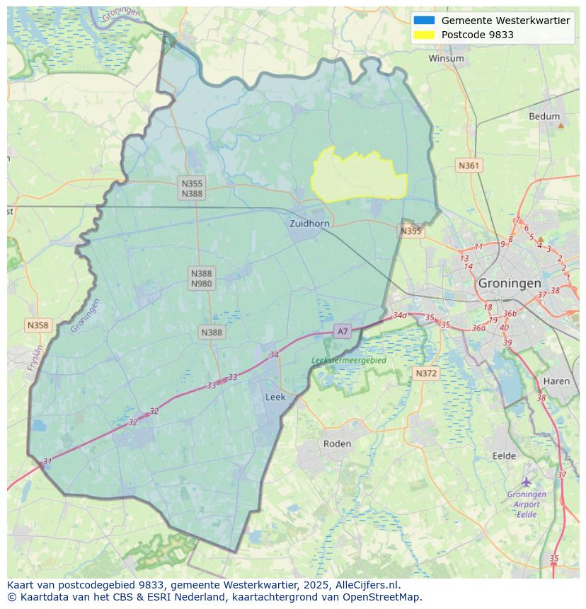 Afbeelding van het postcodegebied 9833 op de kaart.