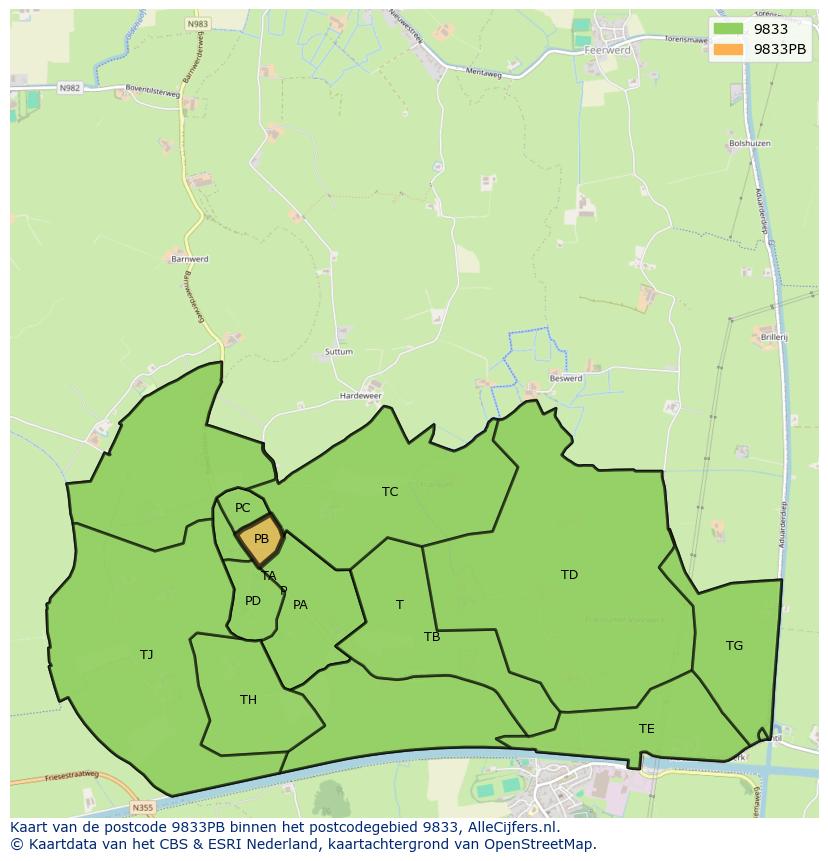 Afbeelding van het postcodegebied 9833 PB op de kaart.