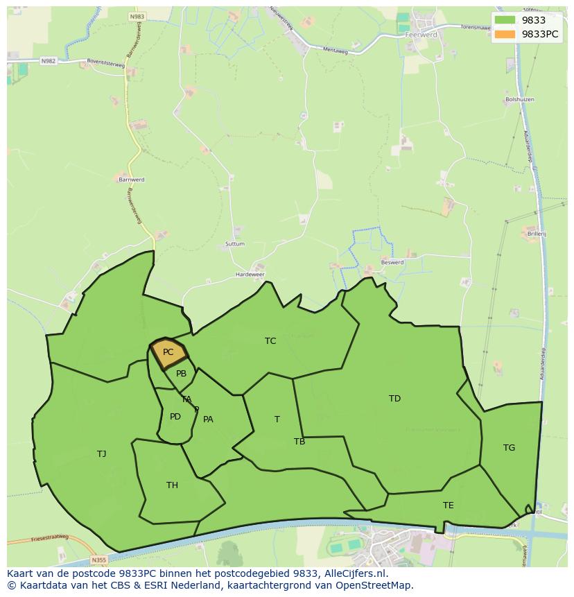 Afbeelding van het postcodegebied 9833 PC op de kaart.