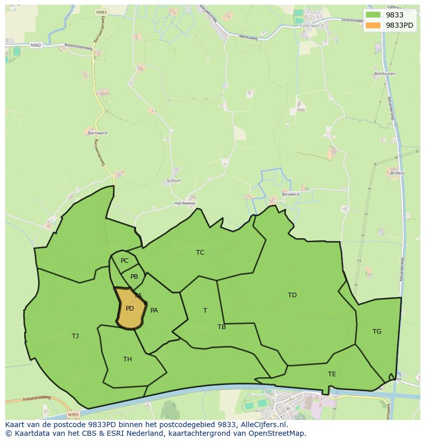 Afbeelding van het postcodegebied 9833 PD op de kaart.