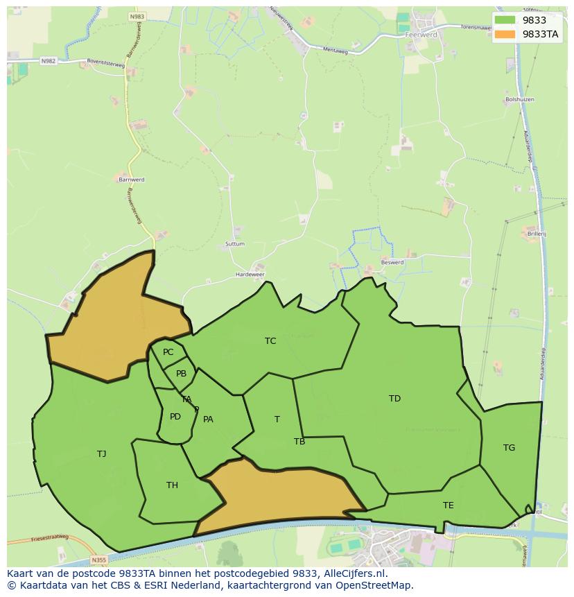 Afbeelding van het postcodegebied 9833 TA op de kaart.