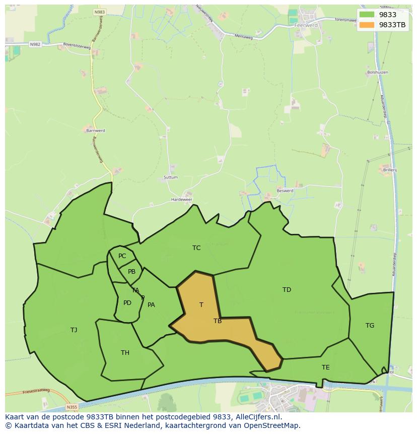 Afbeelding van het postcodegebied 9833 TB op de kaart.