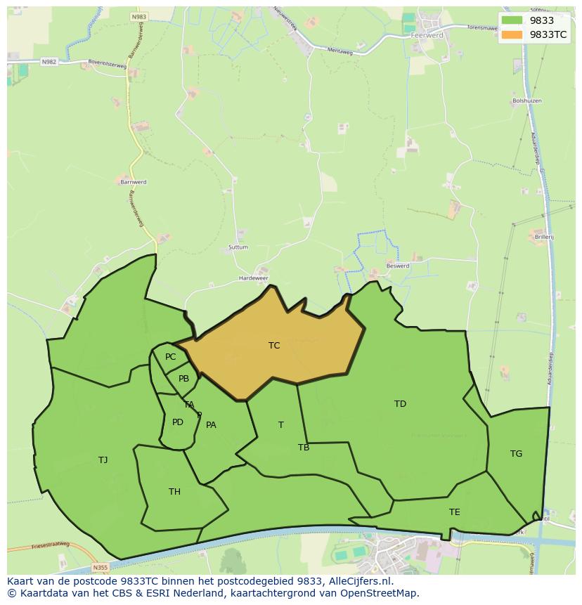 Afbeelding van het postcodegebied 9833 TC op de kaart.