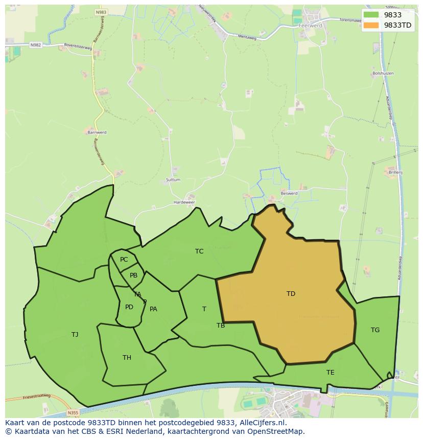 Afbeelding van het postcodegebied 9833 TD op de kaart.