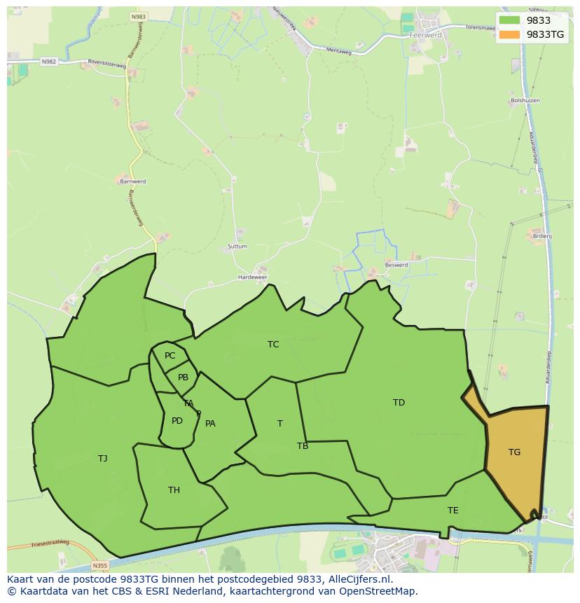 Afbeelding van het postcodegebied 9833 TG op de kaart.