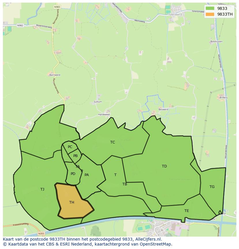 Afbeelding van het postcodegebied 9833 TH op de kaart.