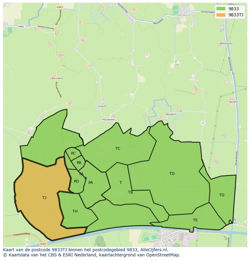 Afbeelding van het postcodegebied 9833 TJ op de kaart.