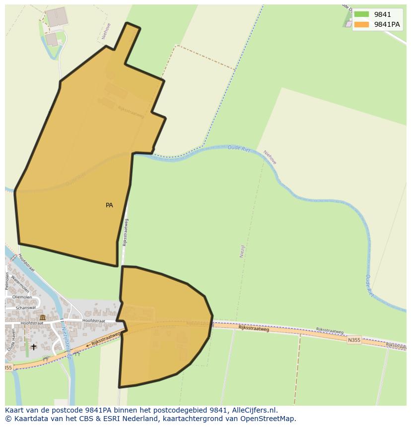 Afbeelding van het postcodegebied 9841 PA op de kaart.