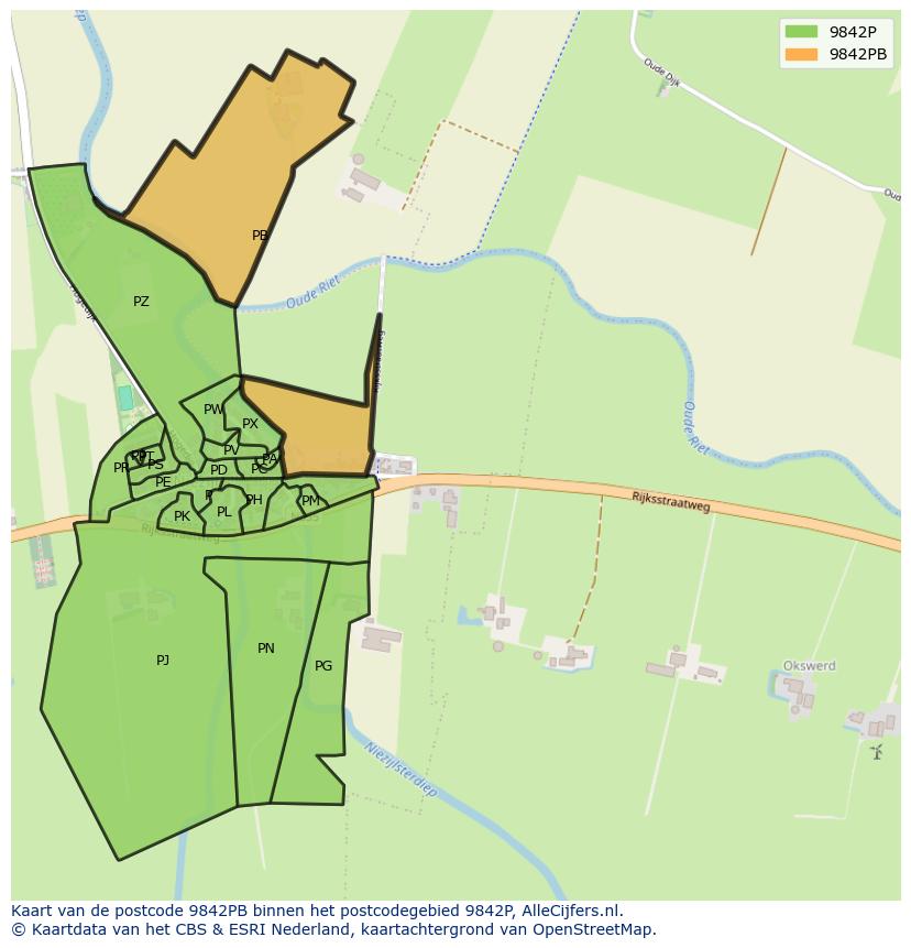 Afbeelding van het postcodegebied 9842 PB op de kaart.