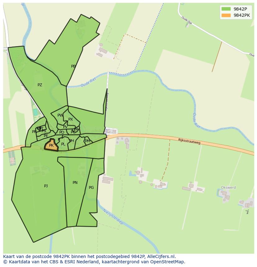 Afbeelding van het postcodegebied 9842 PK op de kaart.